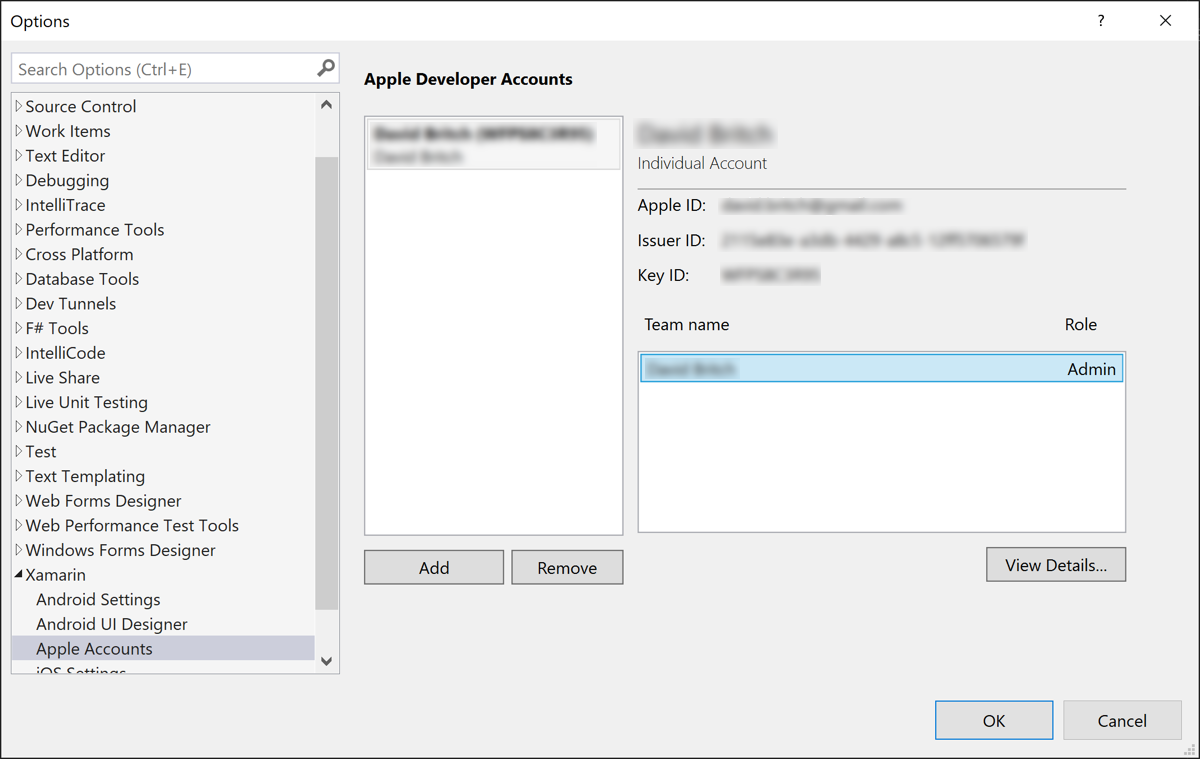 Account sviluppatore Apple aggiunto a Visual Studio.