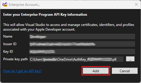 Aggiungere un account sviluppatore Apple aziendale a Visual Studio.