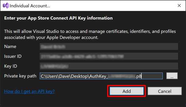 Aggiungere un singolo account apple developer a Visual Studio.