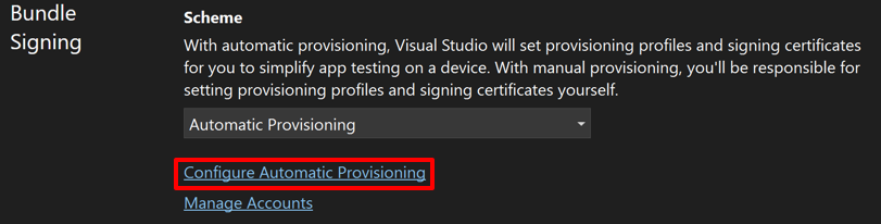 Screenshot del provisioning automatico abilitato nella pagina delle proprietà iOS in Visual Studio.