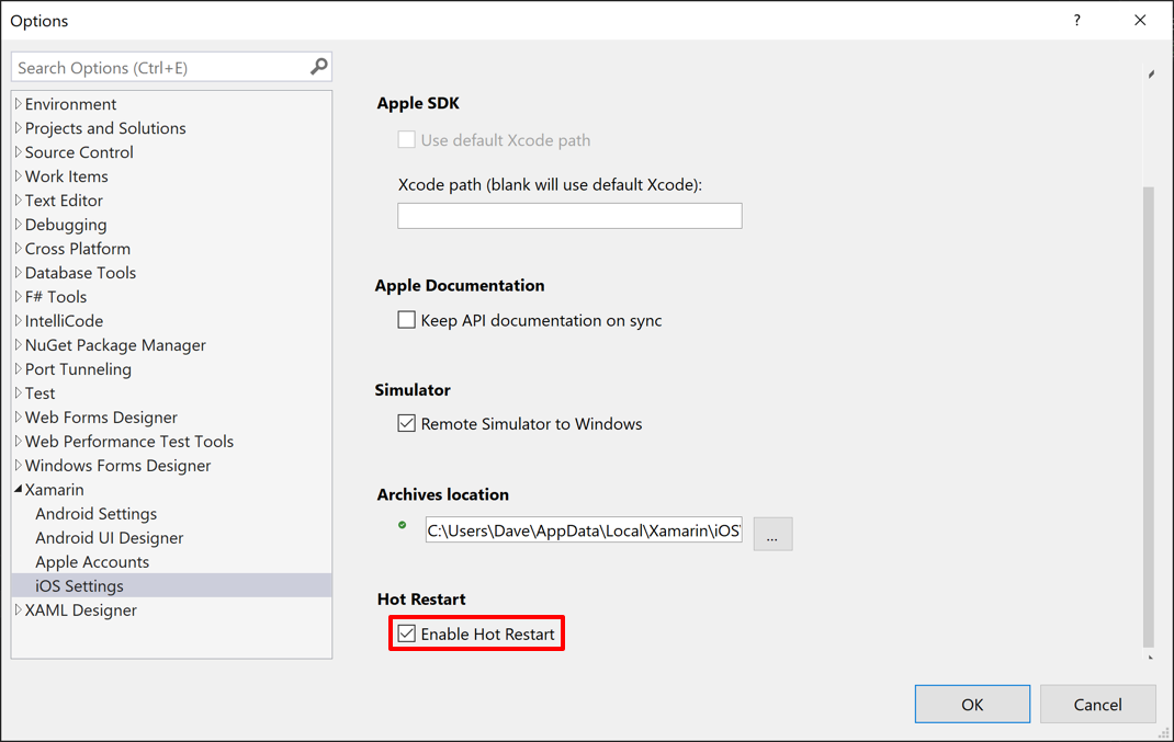 Screenshot di come abilitare il riavvio a caldo in Visual Studio.