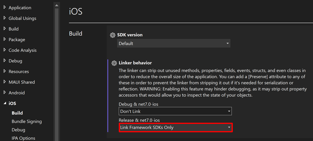 Screenshot del comportamento del linker per iOS in Visual Studio.