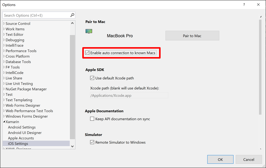 Abilitare la connessione automatica ai Mac noti in Visual Studio.