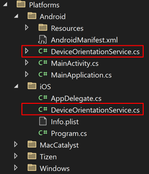 Classi DeviceOrientationService nello screenshot della cartella Platform.