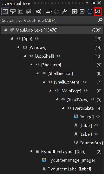 Screenshot di tutti gli elementi dell'interfaccia utente nella finestra Struttura ad albero visuale attiva.