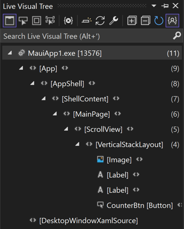 Screenshot della finestra Struttura ad albero visuale attiva in Visual Studio.