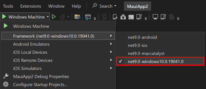 Destinazione di debug di Visual Studio impostata su Windows per l'app MAUI 9 .NET.