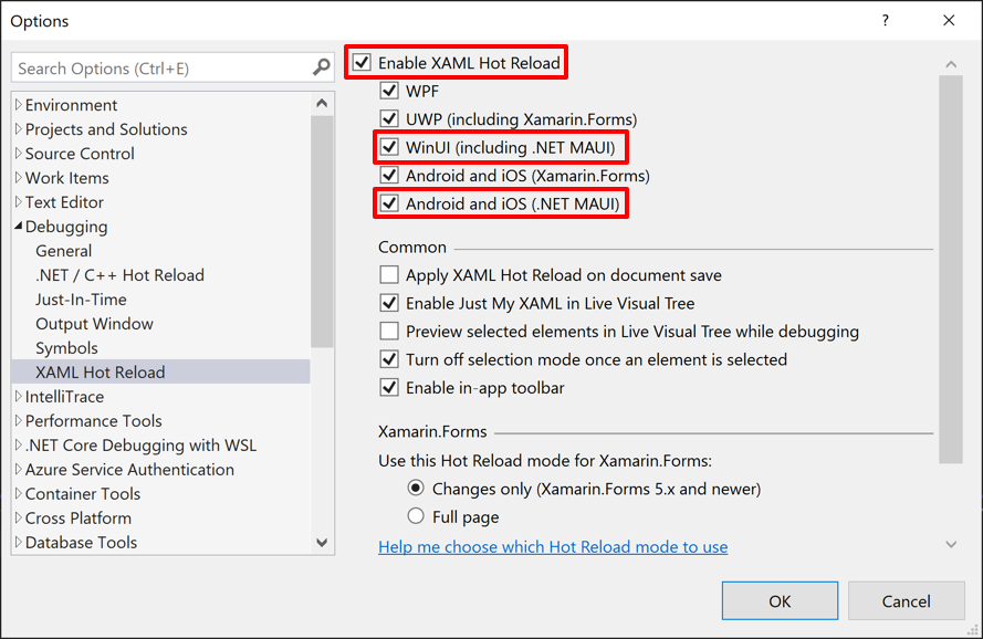 Opzioni di Ricaricamento rapido XAML per .NET MAUI in Visual Studio.