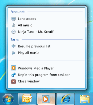 jump list di Windows Media Player Windows Media Player Jump List