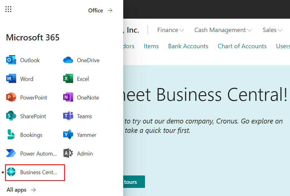 Icona di avvio delle app di Microsoft 365 che mostra il riquadro Business Central.