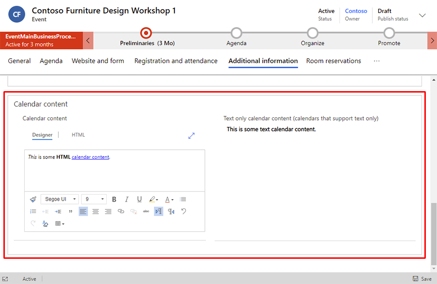 Screenshot della modifica del contenuto del calendario.