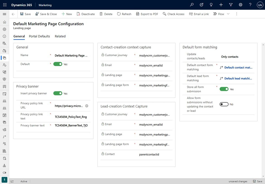 Pagina di configurazione della pagina di marketing.