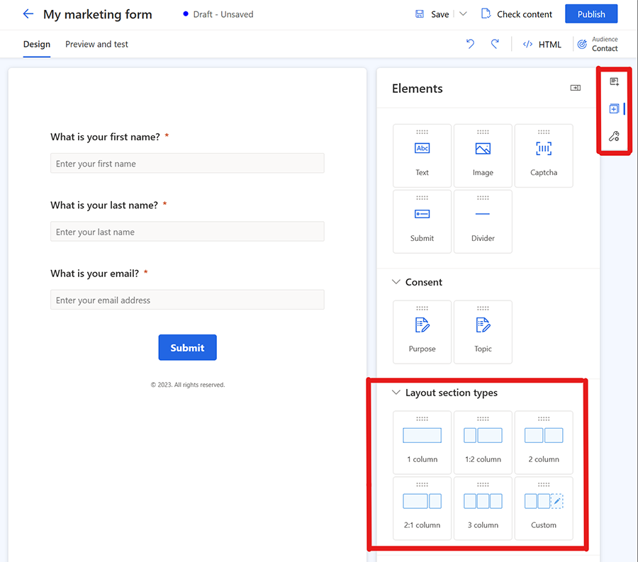 Imposta il layout e le sezioni per il tuo modulo.