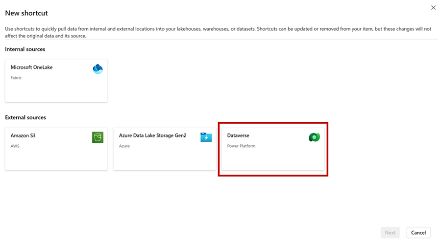 Seleziona Dataverse dal menu di scelta rapida