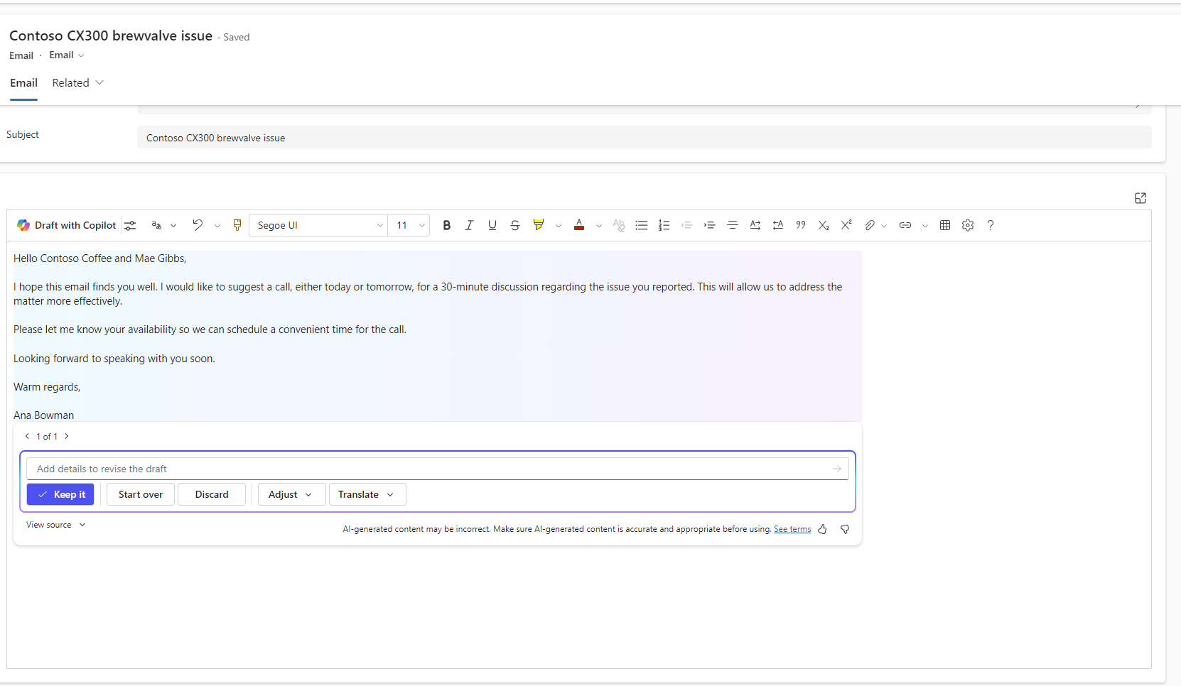 Screenshot della composizione di una bozza dell'e-mail nell'editor RTF.