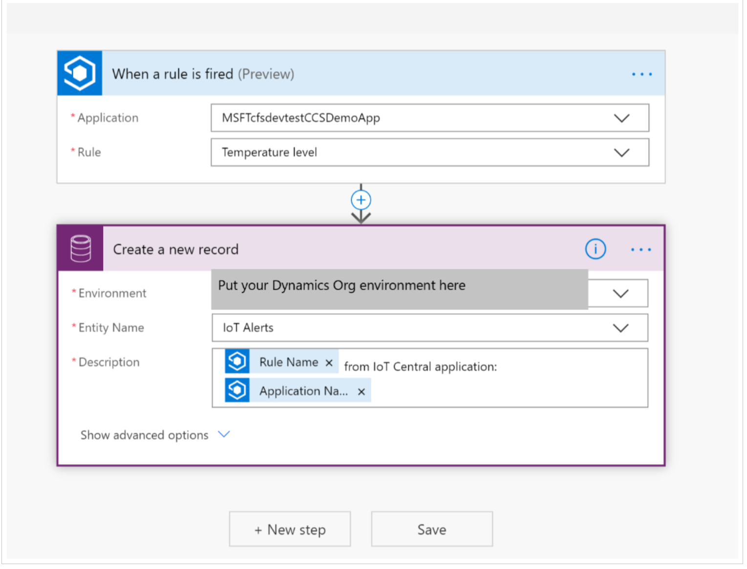 Screenshot dei campi del flusso per IoT Central e Dynamics 365.