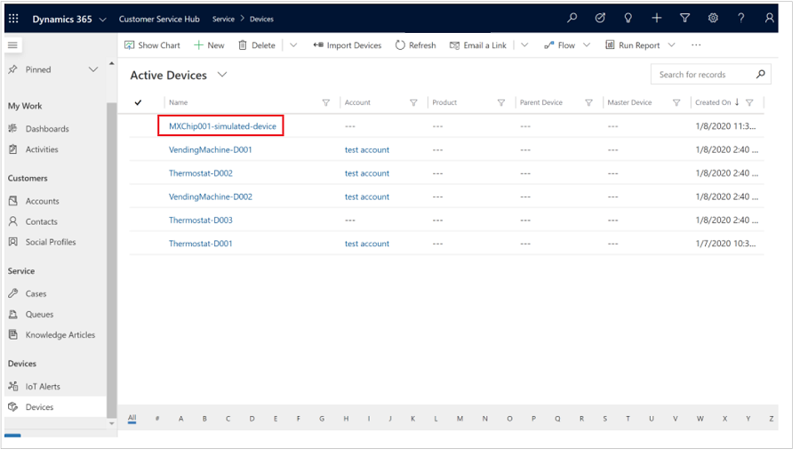 Screenshot di un elenco di dispositivi IoT in  Connected Customer Service.