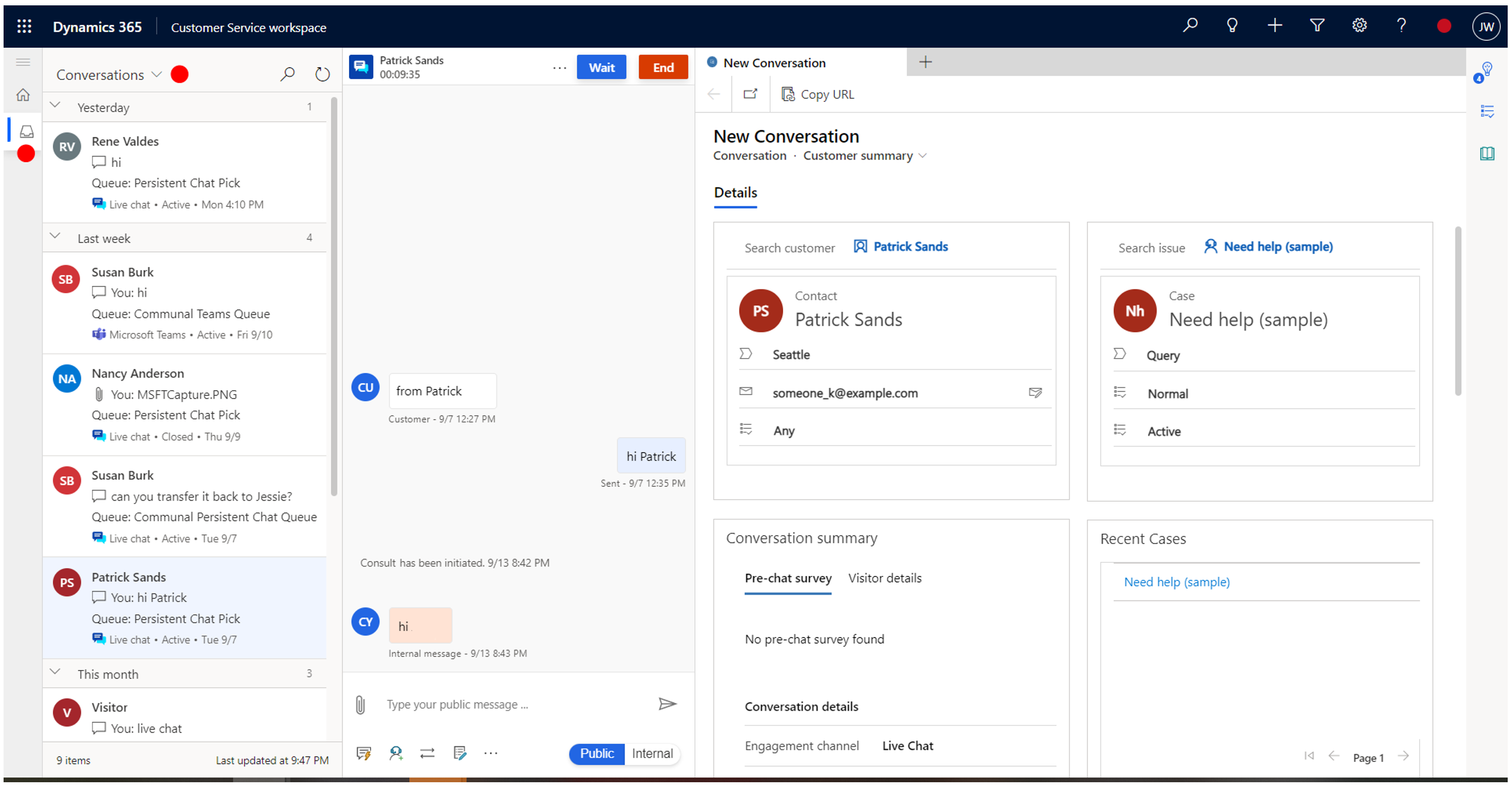 Visualizzazione delle conversazioni posta in arrivo di Customer Service workspace