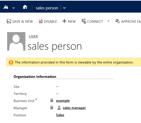 Record utente del venditore in Dynamics 365 for Customer Engagement.