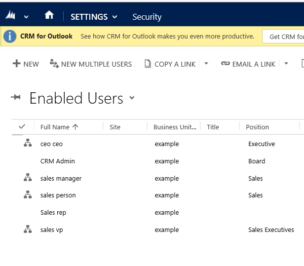 Utenti abilitati con posizioni assegnate in Dynamics 365 for Customer Engagement.