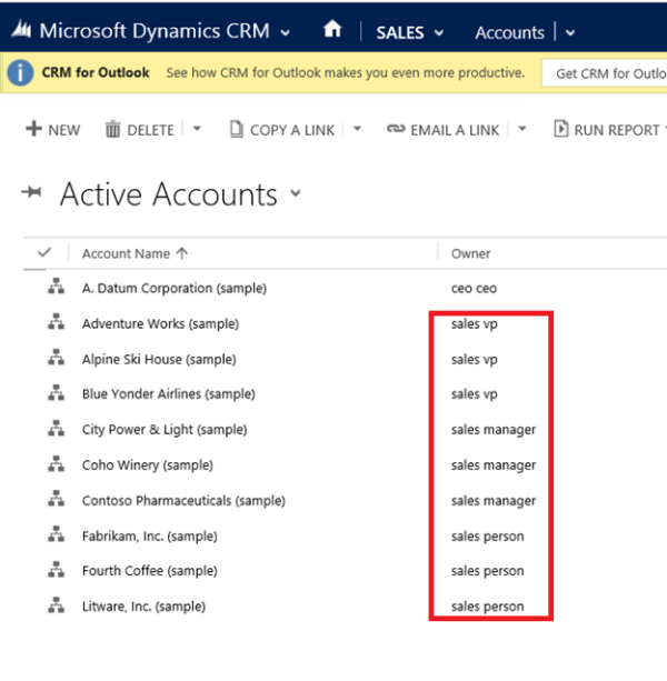 Accesso in lettura per Vicepresidente vendite in Dynamics 365 for Customer Engagement.