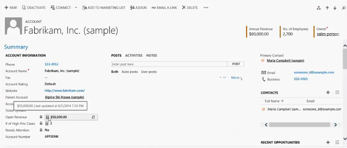 Campo di rollup nel modulo dell'account in Dynamics 365 for Customer Engagement.