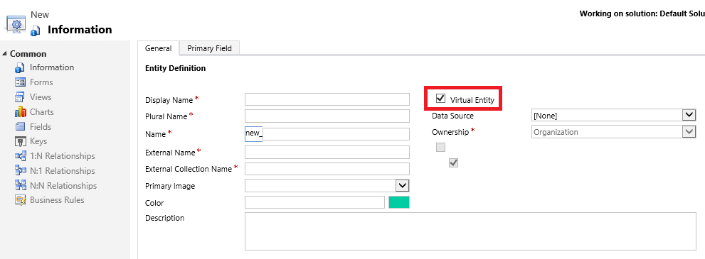 Opzione Entità virtuale durante la definizione dell'entità.