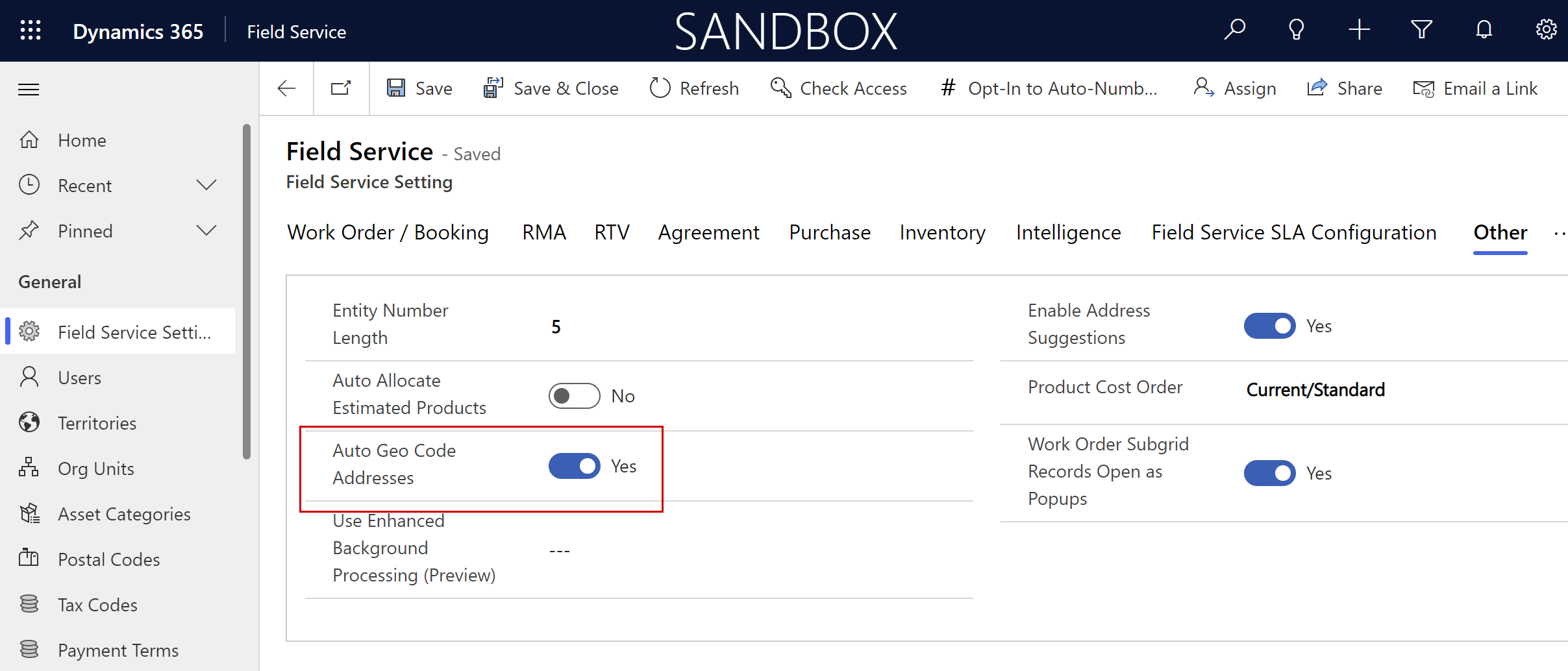 Screenshot di Impostazioni Field Service con l'impostazione Geocodifica automatica indirizzi abilitata.