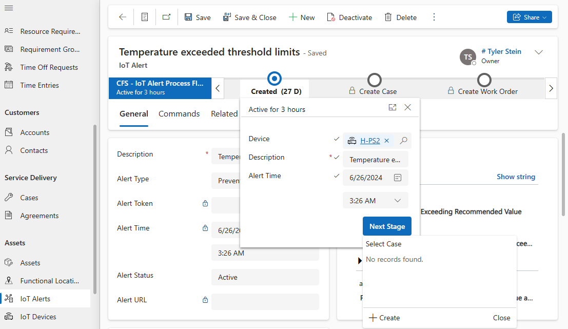 Screenshot di un avviso IoT aperto in Field Service che mostra il flusso del processo aziendale per creare un caso.