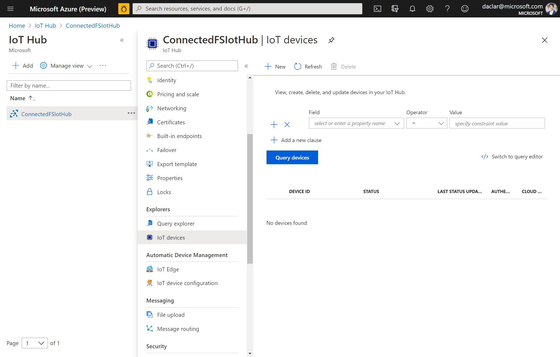 Screenshot della schermata dei dispositivi IoT nell'hub IoT di Azure.