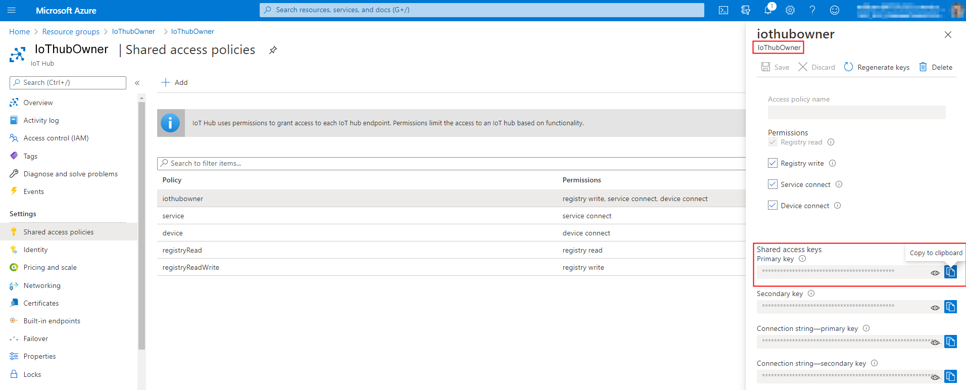 Screenshot dell'hub IoT di Azure, che mostra la chiave primaria.