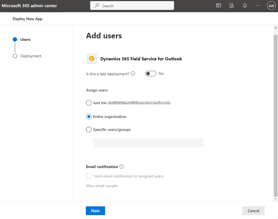 Screenshot Aggiungi utenti Field Service per Outlook