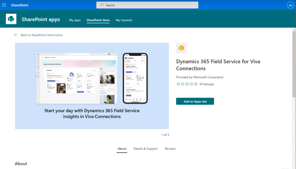 Screenshot della scheda SharePoint Store che mostra l'app Dynamics 365 Field Service per Viva Connections, con il pulsante del sito Aggiungi alle app evidenziato.