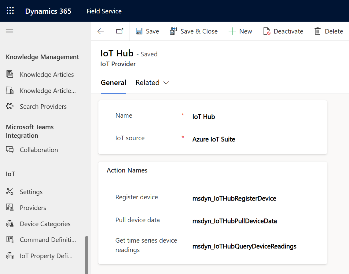 Screenshot di un record del provider IoT.