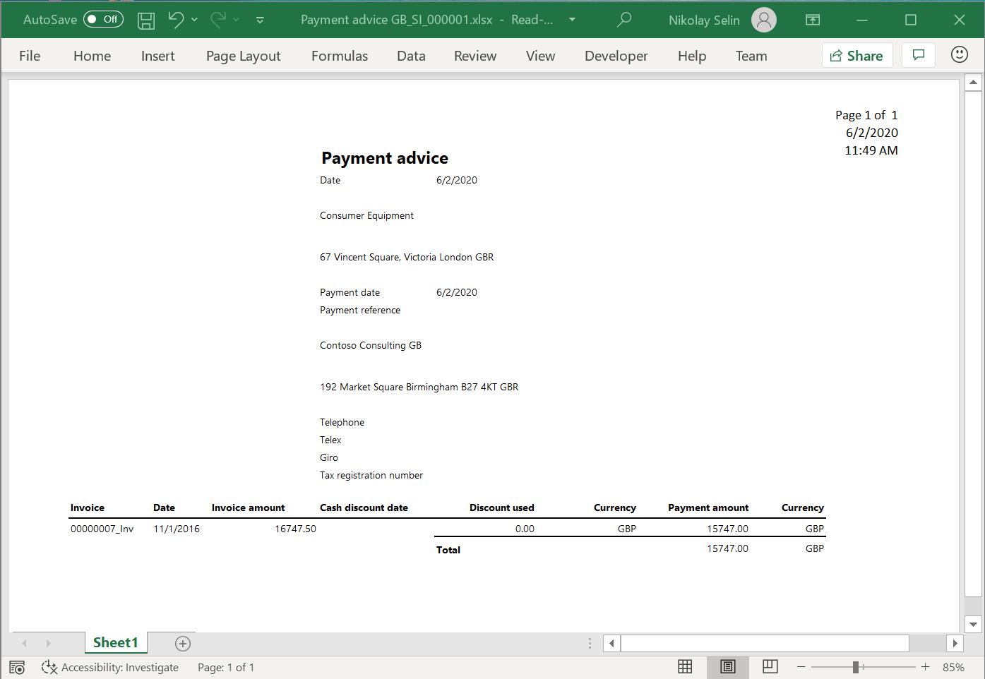 Report di avviso di pagamento in formato Excel.