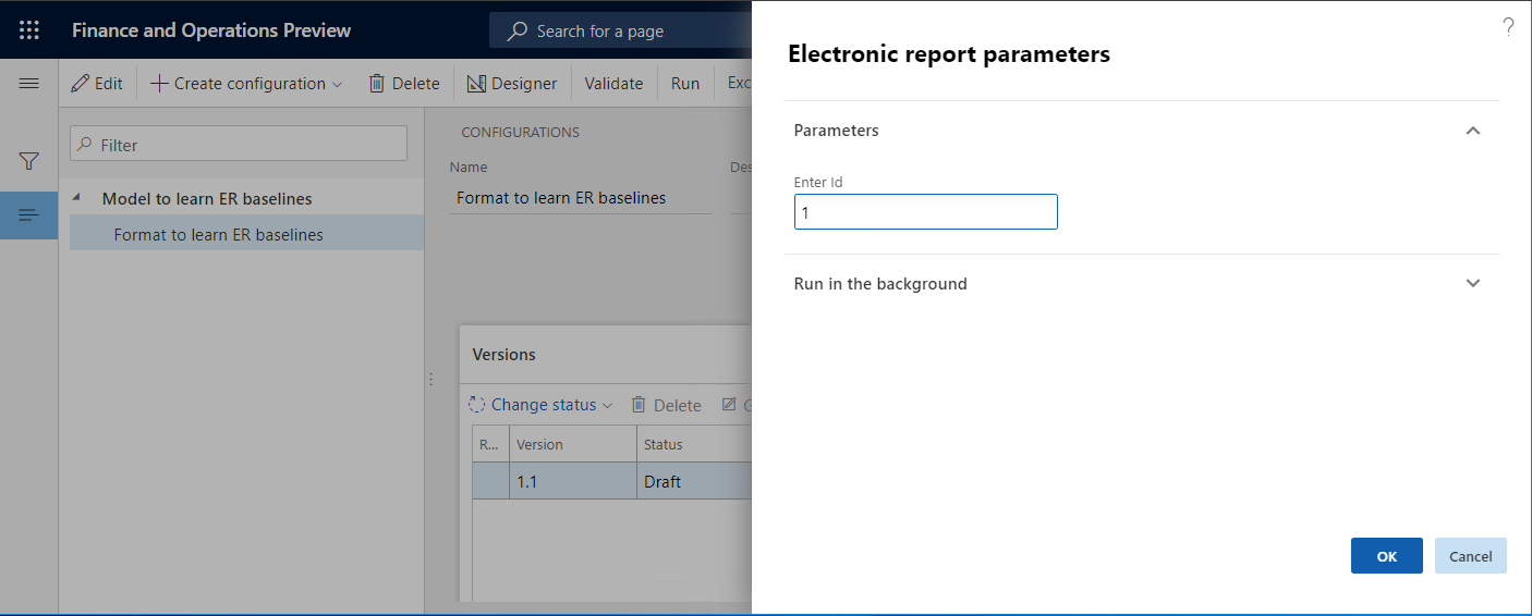 Finestra di dialogo parametri Creazione di report elettronici.