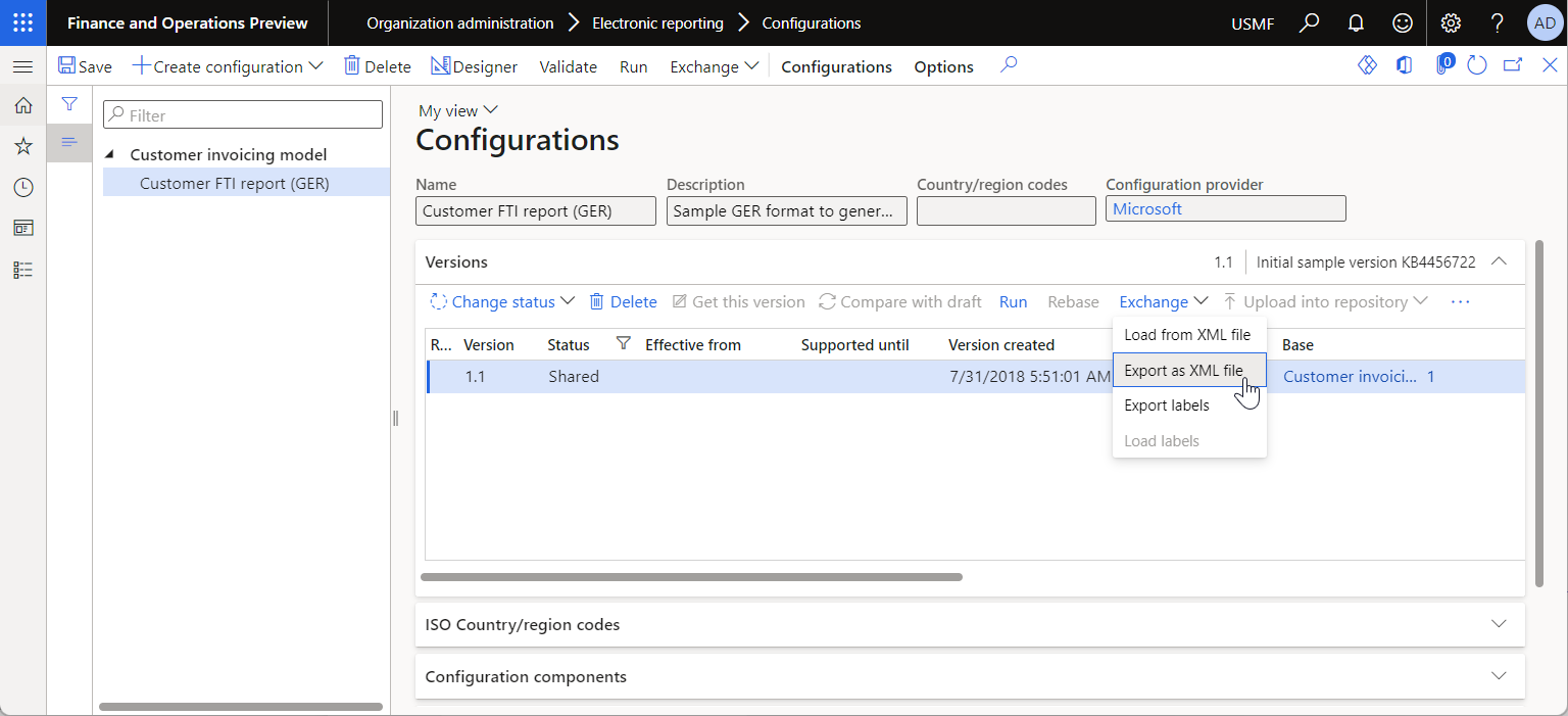 Esportazione della versione di una configurazione di formato ER come file XML nella pagina Configurazioni.