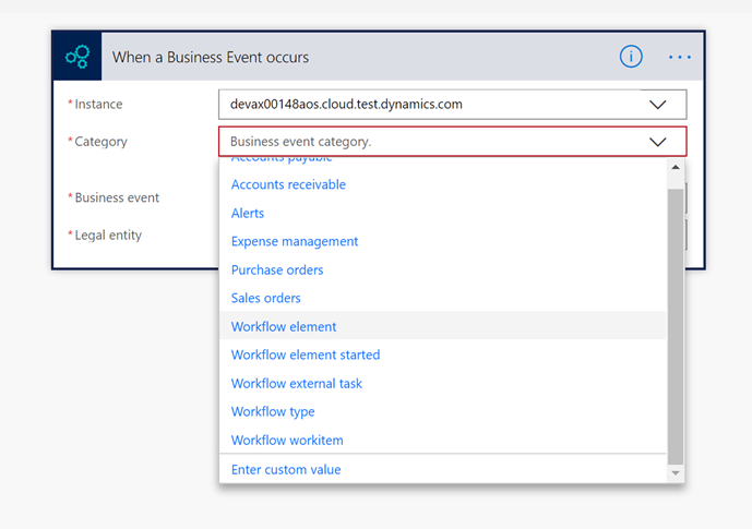 Business event categories in Microsoft Power Automate.