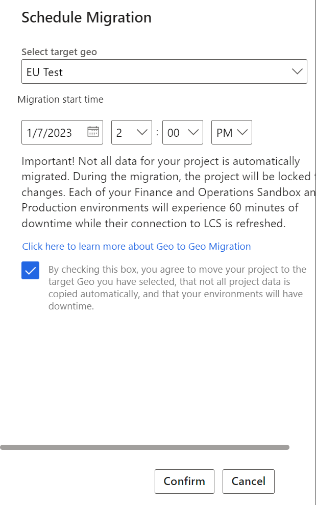 Image showing the Schedule Migration dialog with inputs to populate.