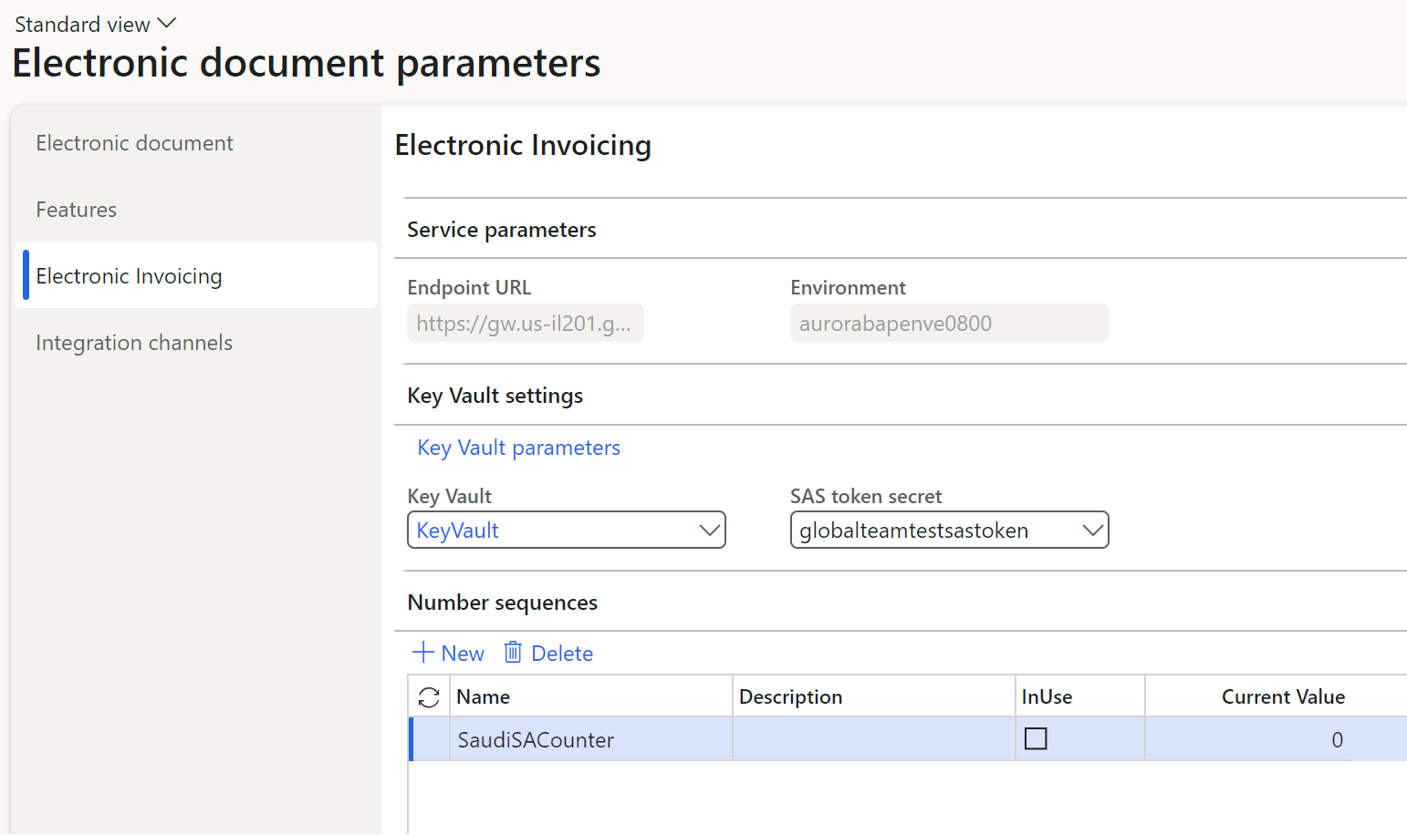 Screenshot che mostra il campo Ambiente per un ambiente del servizio non disponibile nella pagina Parametri documenti elettronici.