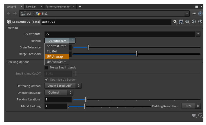 Metodo UV Unwrap selezionato.