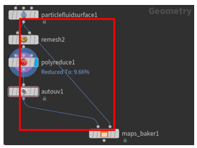 Collegamento del nodo particlefluidsurface1 al nodo maps_baker 1.