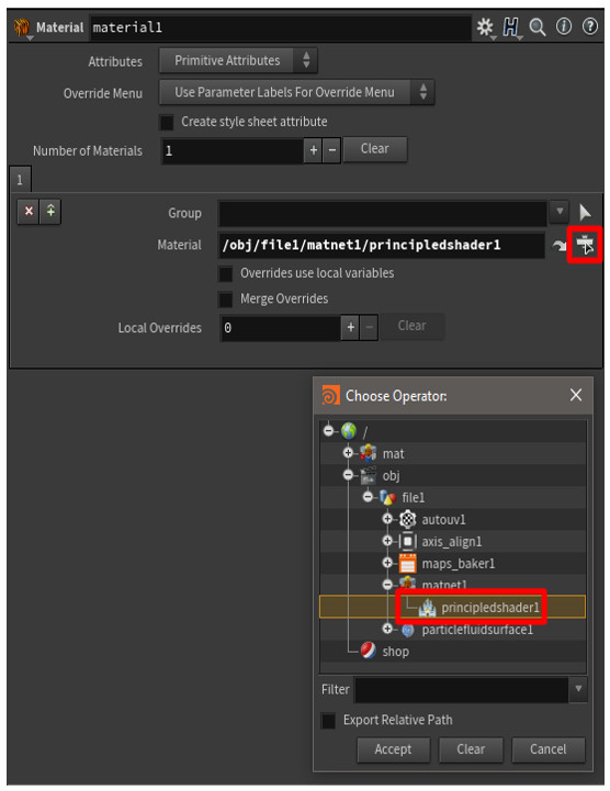 Pulsante Operator chooser e file del materiale selezionato.