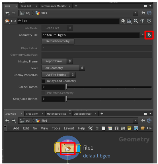 Nodo selezionato e pulsante File Chooser.