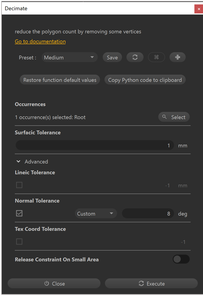 Finestra di dialogo Decimate con il campo Preset.