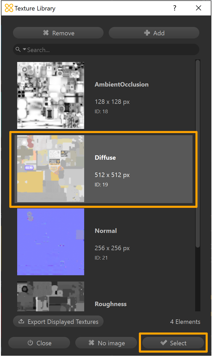 Selezione della texture map diffusa nella finestra Texture Library.