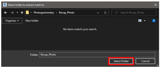 Finestra di dialogo Select folder to extract mesh to con il pulsante Select Folder selezionato.