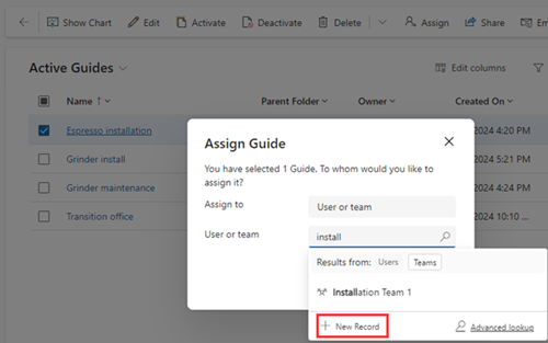 Screenshot della finestra di dialogo Assegna guida con il pulsante Nuovo record evidenziato.