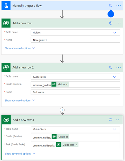 Screenshot di Power Automate che mostra tre righe Aggiungi una tabella per le tre tabelle obbligatorie.