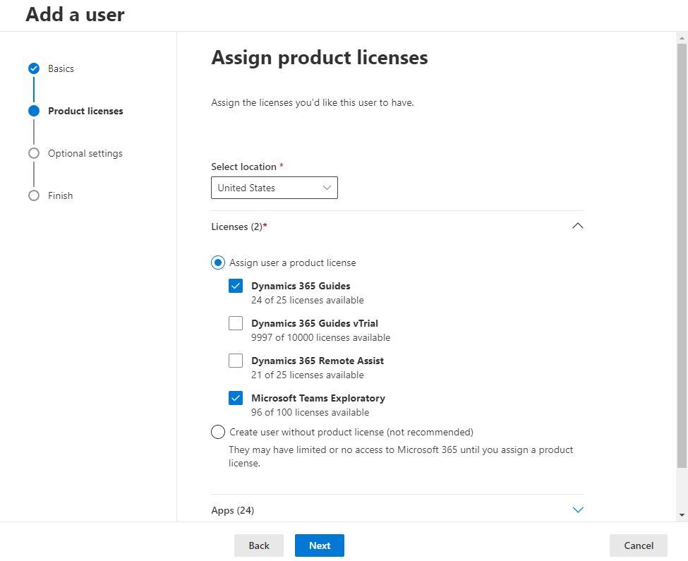 Schermata che mostra le caselle di controllo Dynamics 365 Guides e Microsoft Teams selezionate.